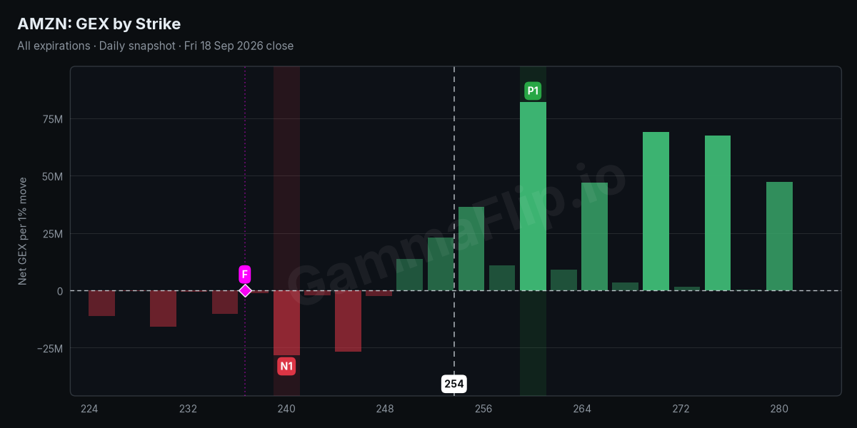AMZN net gamma exposure by strike with spot, gamma flip, P1 and N1