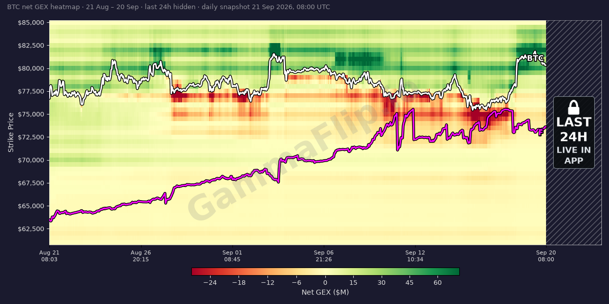 BTC gamma exposure heatmap over the last 30 days