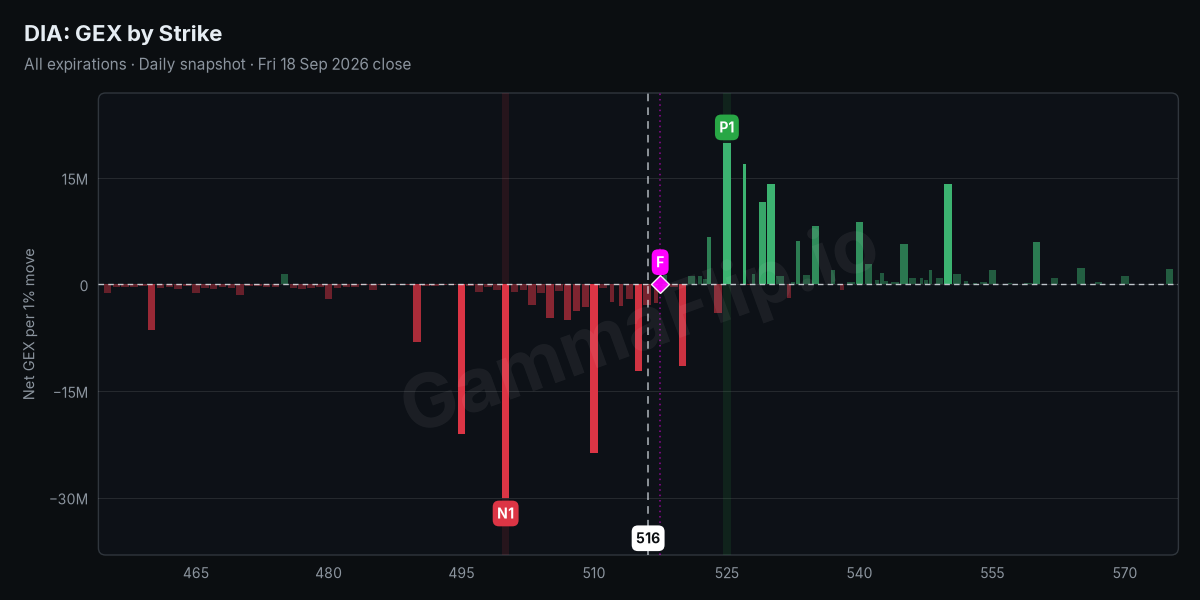 DIA net gamma exposure by strike with spot, gamma flip, P1 and N1