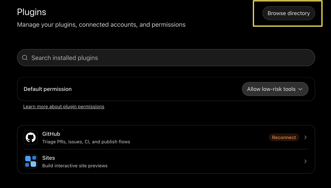ChatGPT Plugins page with the Browse directory button