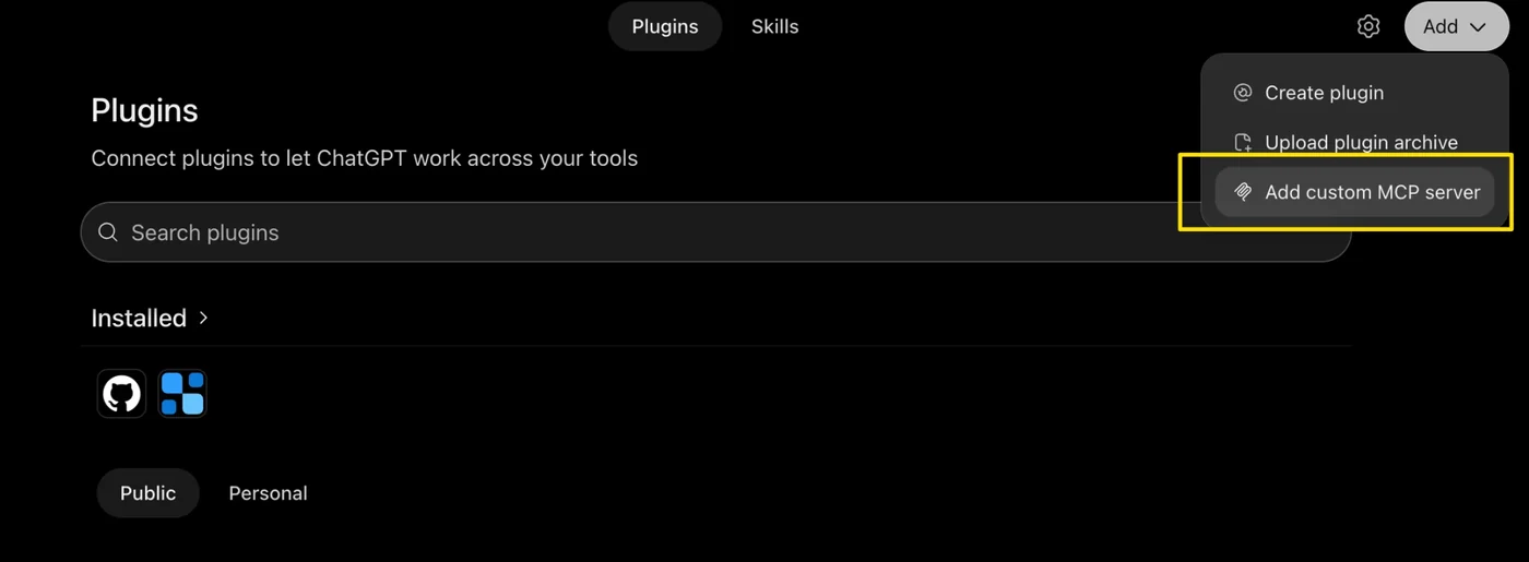 ChatGPT: Add menu with Add custom MCP server