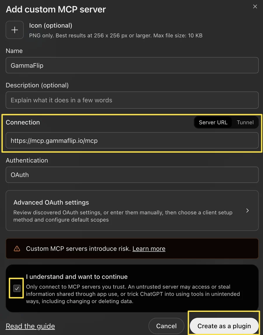 ChatGPT: Add custom MCP server form with the GammaFlip server URL and OAuth
