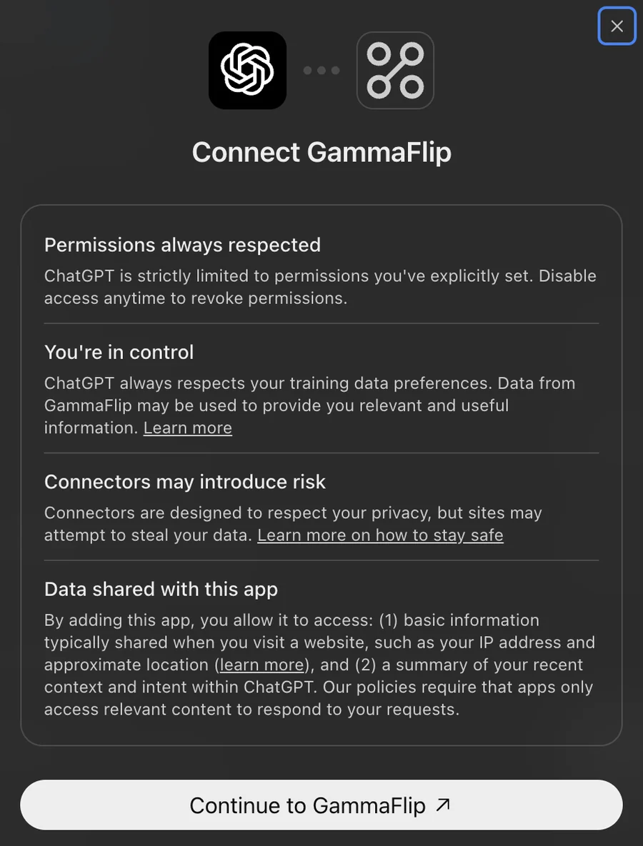 ChatGPT: Connect GammaFlip dialog