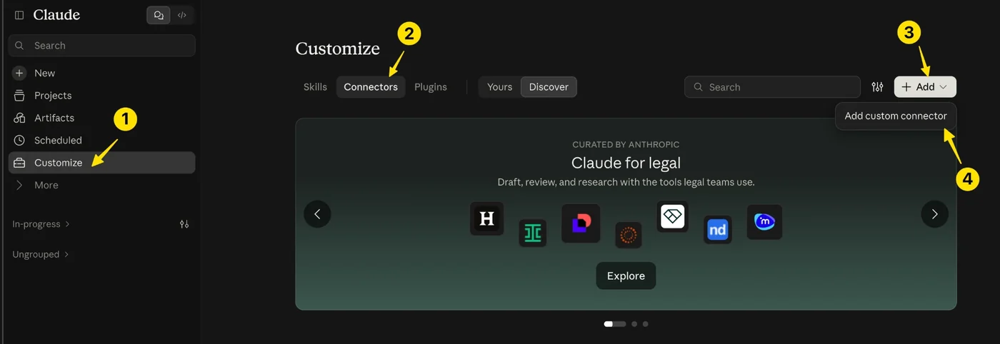 Claude: Customize, Connectors, Add, Add custom connector