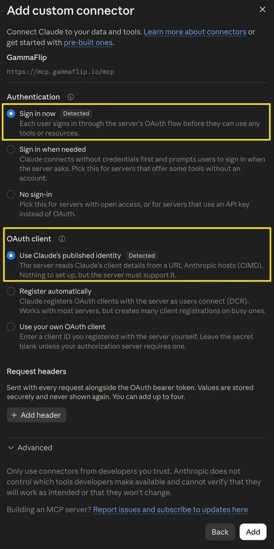 Claude: authentication settings detected automatically