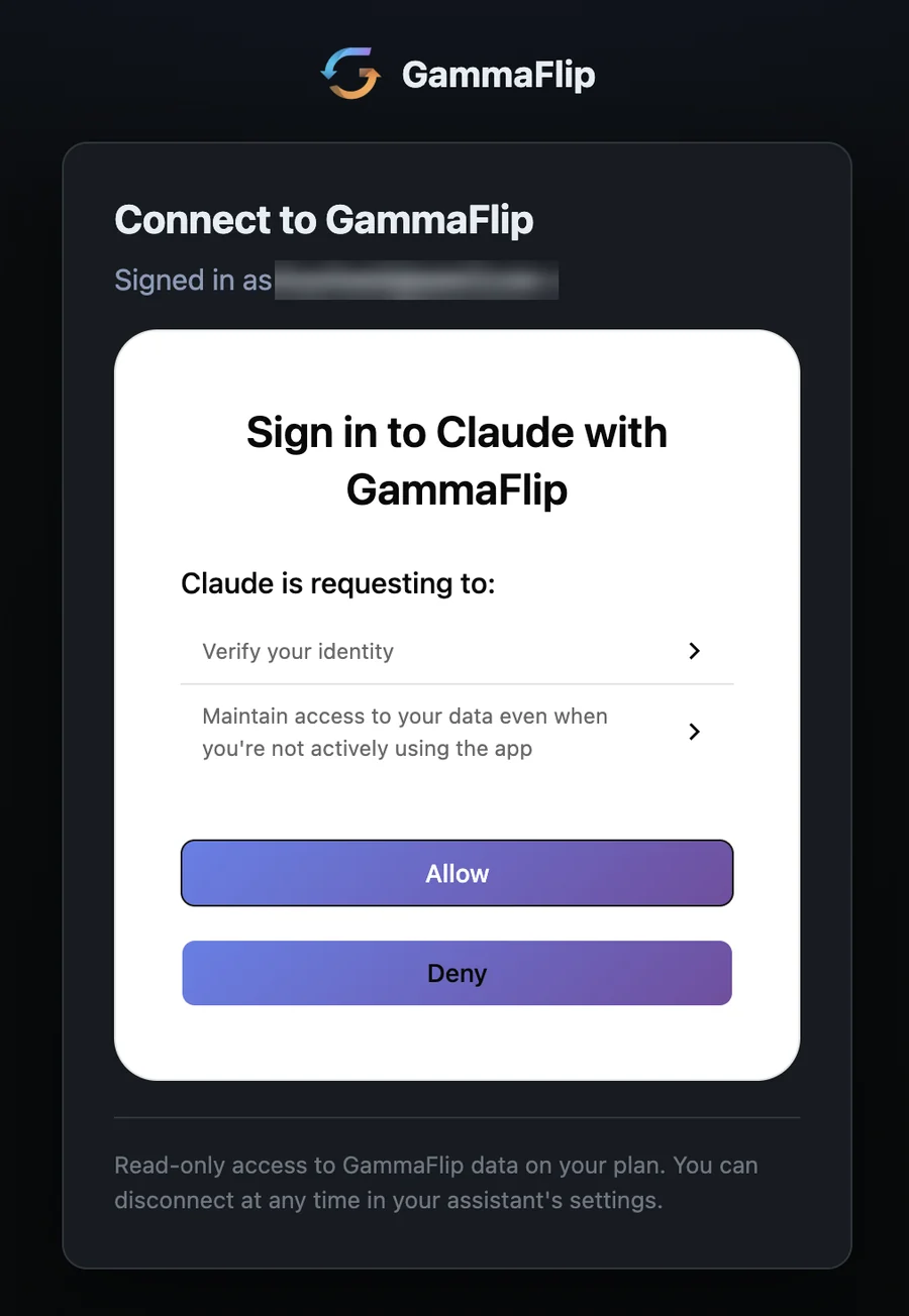 GammaFlip sign-in page asking to allow Claude read-only access