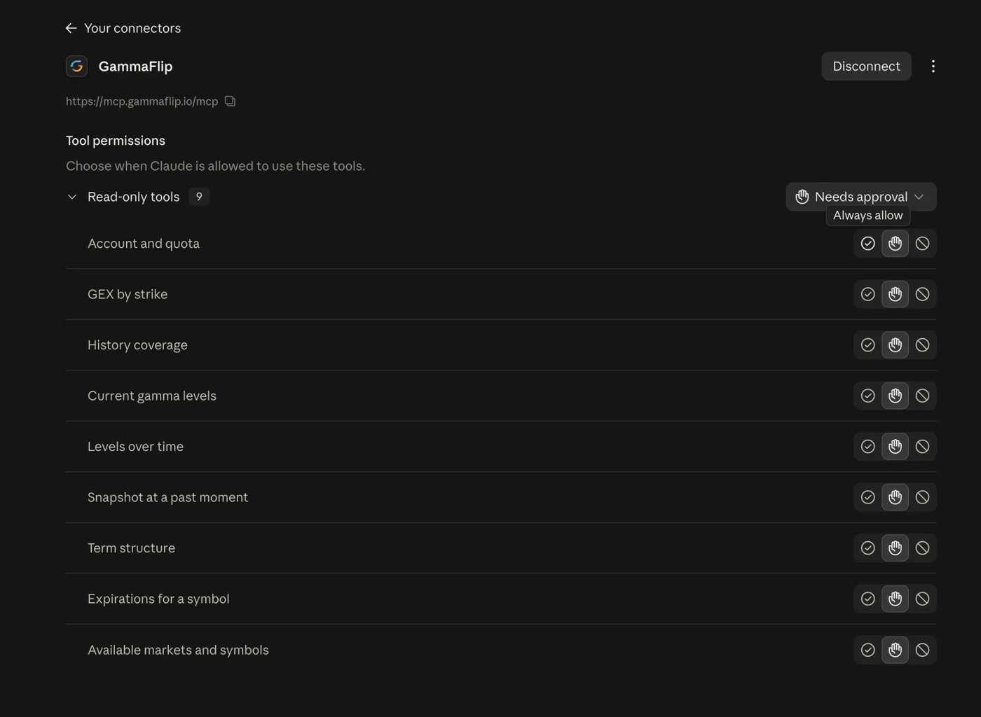 Claude: the GammaFlip connector with nine read-only tools and their permissions