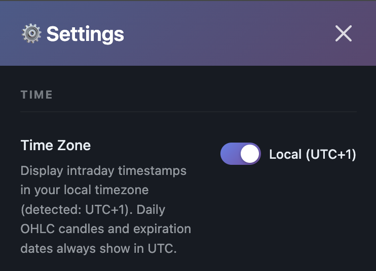 Time Zone toggle in Settings switching intraday timestamps from UTC to local time